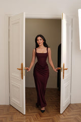 Graceful Straps Sleeveless Satin Mermaid Prom Dresses Column With Pleats