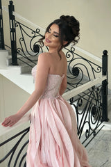 Glamorous Pink Strapless Sleeveless A-Line Prom Dresses Beads With Lace-Up Back