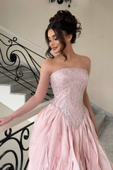 Glamorous Pink Strapless Sleeveless A-Line Prom Dresses Beads With Lace-Up Back