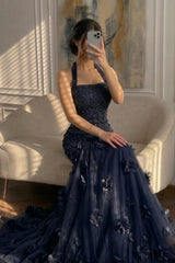 Romantic Dark Navy Halter Sleeveless Mermaid Prom Dresses Column With Beads Flower
