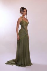 Romantic Moss Halter Sweetheart Sleeveless Prom Dresses Lace Long With Pleats