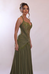 Romantic Moss Halter Sweetheart Sleeveless Prom Dresses Lace Long With Pleats