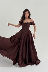 Graceful Chocolate Off The Shoulder Satin Prom Dresses A-Line Gem With Lace-Up Back