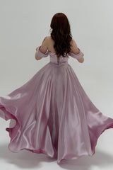 Graceful Chocolate Off The Shoulder Satin Prom Dresses A-Line Gem With Lace-Up Back