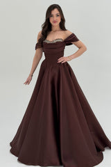 Graceful Chocolate Off The Shoulder Satin Prom Dresses A-Line Gem With Lace-Up Back