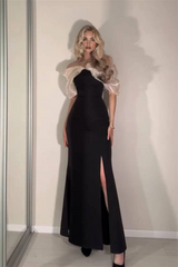 Elegant Black Off The Shoulder Satin Mermaid Prom Dresses Column With High Split