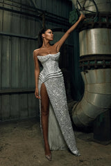 Dazzling Silver Sweetheart Strapless Sleeveless Mermaid Prom Dresses High Split With Lace-Up Back