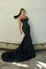 Graceful Black Spaghetti-Straps Sleeveless Mermaid Prom Dresses Beads With Lace-Up Back