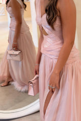 Charming Dusty Pink One shoulder Sleeveless Prom Dresses High Split With Pleats Feather