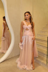 Charming Dusty Pink One shoulder Sleeveless Prom Dresses High Split With Pleats Feather