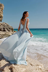 Glamorous Sky Blue Straps Sleeveless Chiffon Prom Dresses Gem With Pleats Zipper