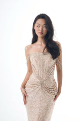 Glamorous Champagne Off The Shoulder Sequins Prom Dresses Mermaid Gem With Pleats