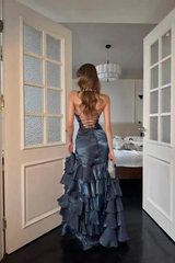 Chic V-Neck Halter Sleeveless Mermaid Prom Dresses High Split With Lace-Up Back