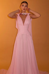 Romantic Pink V-Neck Sleeveless Chiffon Prom Dresses Floor Length With Pleats