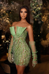 Timeless Green Strapless Sleeveless Homecoming Dresses Mini Beads With Gloves