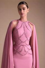 Charming Dusty Pink Halter Sleeveless Mermaid Prom Dresses Beads With Wrap