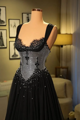Elegant Black Sweetheart Straps Sleeveless Prom Dresses A-Line With Gem Pleats
