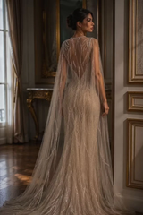 Romantic V-Neck Sleeveless Sequins Mermaid Prom Dresses Column Backless With Cape