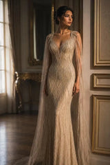 Romantic V-Neck Sleeveless Sequins Mermaid Prom Dresses Column Backless With Cape