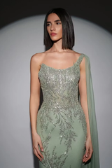 Glamorous Dusty Sage One Shoulder Sleeveless Mermaid Prom Dresses Sheath Sequins With Beads