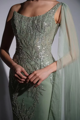 Glamorous Dusty Sage One Shoulder Sleeveless Mermaid Prom Dresses Sheath Sequins With Beads