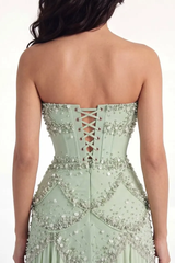 Timeless Dusty Sage Strapless Sleeveless Chiffon Prom Dresses Beads Pearls With Lace-Up Back