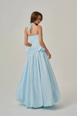 Pretty Sky Blue Halter Sleeveless Satin Prom Dresses A-Line With Zipper Pleats
