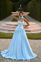 Glamorous Sky Blue Strapless Sleeveless Satin Prom Dresses A-Line With Pleats