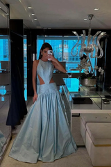 Chic Dusty Blue Sleeveless Satin Prom Dresses A-Line Backless With Pleats Zipper