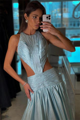 Chic Dusty Blue Sleeveless Satin Prom Dresses A-Line Backless With Pleats Zipper