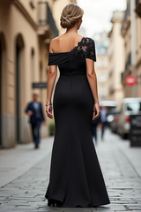Graceful Black Asymmetrical Satin Prom Dresses Mermaid Sheath With Zipper