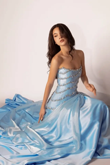 Romantic Sky Blue Strapless Sleeveless Satin Prom Dresses A-Line With Beads Pearls
