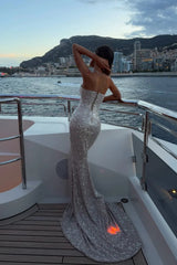 Glamorous V-Neck Sleeveless Mermaid Sequins Prom Dresses Column Gem With Lace-Up Back
