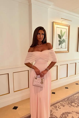 Pretty Pink Off The Shoulder Chiffon Prom Dresses Long With Pleats Zipper
