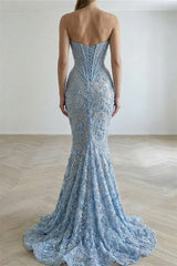 Charming Sky Blue Sweetheart Strapless Sleeveless Mermaid Prom Dresses Beads With Lace-Up Back