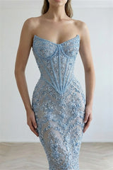 Charming Sky Blue Sweetheart Strapless Sleeveless Mermaid Prom Dresses Beads With Lace-Up Back
