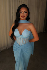 Glamorous Blue Strapless Sleeveless Lace Mermaid Prom Dresses Column With Pleats