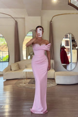 Charming Pink One Shoulder Satin Mermaid Prom Dresses Sheath With Beads