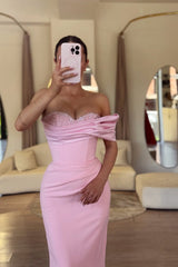 Charming Pink One Shoulder Satin Mermaid Prom Dresses Sheath With Beads