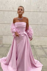 Timeless Pink Strapless Sleeveless Satin Prom Dresses Floor Length With Pleats Feather