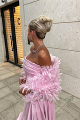 Timeless Pink Strapless Sleeveless Satin Prom Dresses Floor Length With Pleats Feather