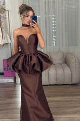 Elegant Chocolate Sweetheart Strapless Sleeveless Satin Prom Dresses Mermaid With Pleats