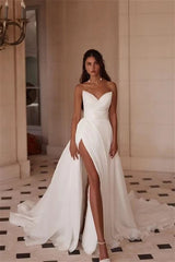 Charming Sweetheart Strapless Sleeveless Satin Prom Dresses High Split With Zipper Pleats