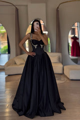 Elegant Black Sweetheart Straps Sleeveless Satin Prom Dresses A-Line Gem With Pleats