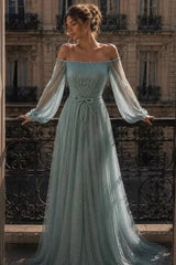Charming Dusty Blue Off The Shoulder Long Sleeves Prom Dresses A-Line Gem With Zipper Pleats