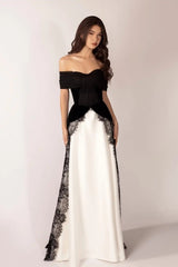 Timeless Black White Off The Shoulder Prom Dresses Floor Length With Pleats