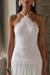 Luxury White Halter Sleeveless Lace Chiffon Prom Dresses Floor Length With Pleats Zipper
