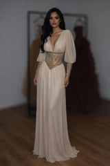 Glamorous V-Neck Long Sleeves Chiffon Prom Dresses Floor Length Gem With Pleats