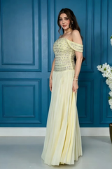 Glamorous Daffodil Off The Shoulder Chiffon Prom Dresses Gem Floor Length With Pleats