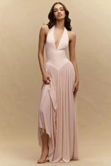 Charming Pink V-Neck Halter Sleeveless Prom Dresses Backless Floor Length With Zipper